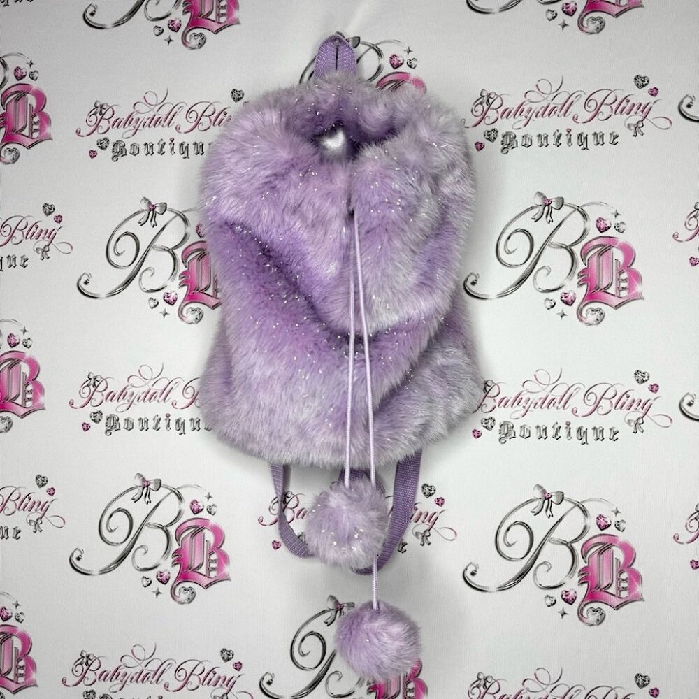 Furry backpack sparkly shimmer purple holographic Pom poms Faux Fur Backpack